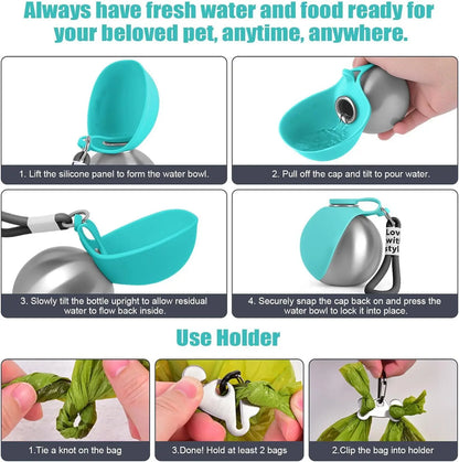 Dogs Drinking Bottle with Silicone Bowl, 285Ml Stainless Steel Leak-Proof Dog Drinking Bottle for Cats and Dogs, Walks and Hikes